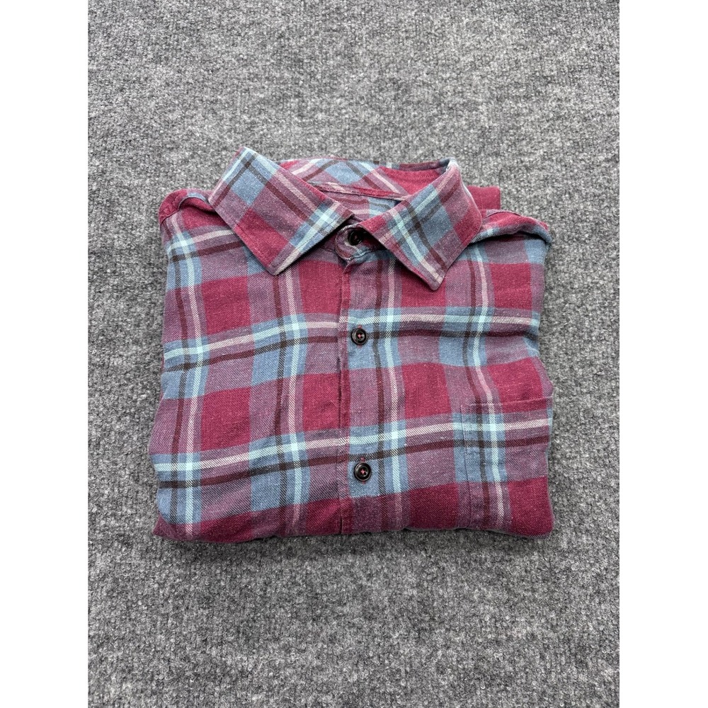 Johnnie-O Top Shelf Mens XL Plaid Button Down Shirt Burgundy Blue Lyocell Hemp - Picture 9 of 9